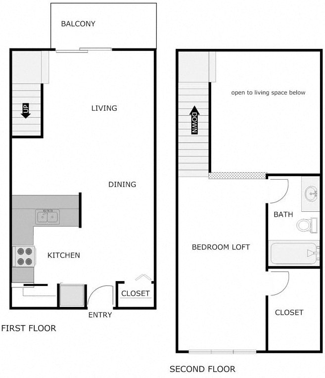 Floor plan for 1 bed, 1 bath, 800 sqft